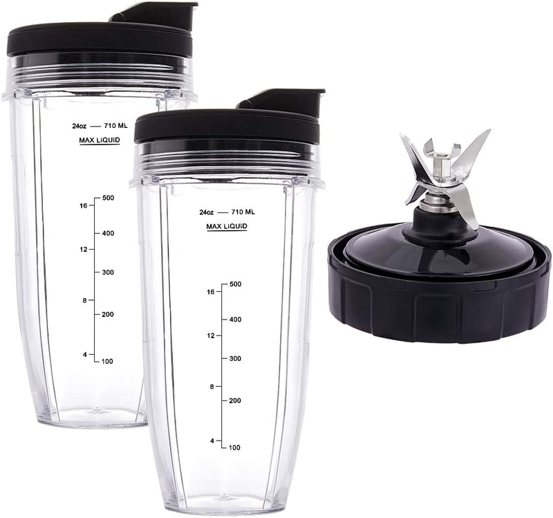 Blender Replacement Parts for Ninja, 2 24Oz Cups with To-Go Lids, 7 Fins Extract