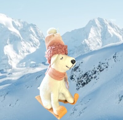 Dog Skiing Felt Ornament - Soft Fabric Kids Pet Animal Pink Scarf Hat Santa Alp