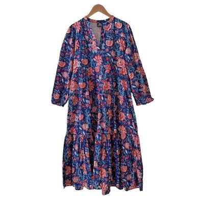 Madison Mathews Floral Tiered Midi Dress Blue Red Size M Block Print 100% Cotton