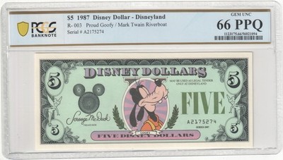 1987 R-003 $5 Disney Dollar Proud Goofy/Mark Twain Riverboat PCGS Graded 66 PPQ