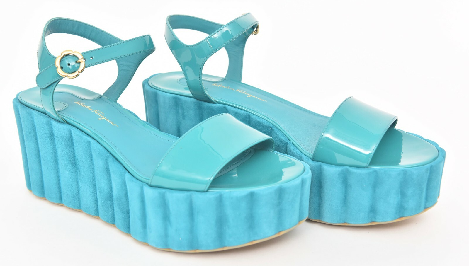 Pre-owned Ferragamo Salvatore  Tropea Teal Leather Platform Sandals 10 B (eu 40.5) In Blue