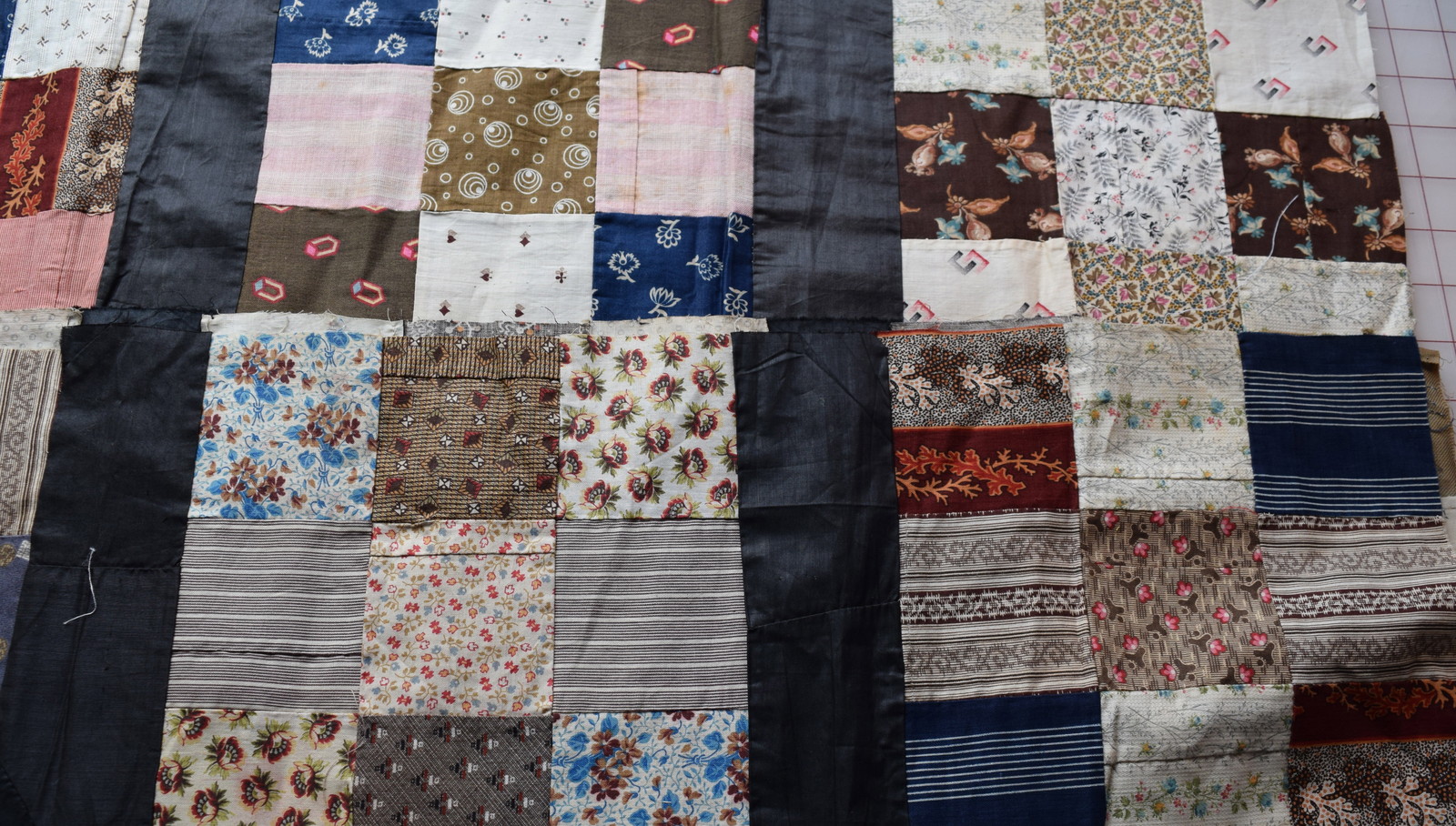 31 1870-80's 9 Patch quilt blocks, sewn into strips, fabulous prints