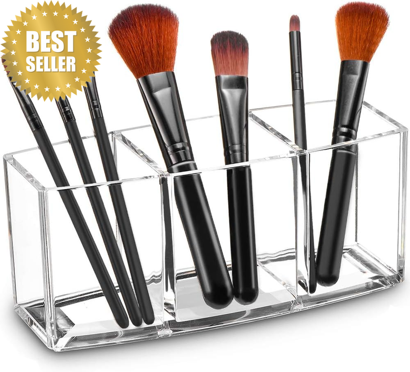 Clear Acrylic Makeup Brush Holder Organizer with 3 Slots, Makeup Brushes Storage
