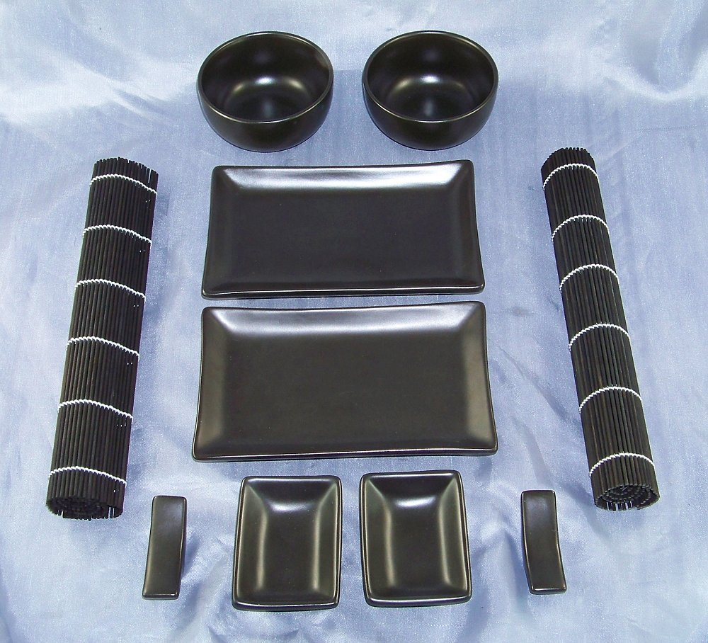 Sushi Serving Set Asian Traditions Stoneware Tray Bamboo Mats