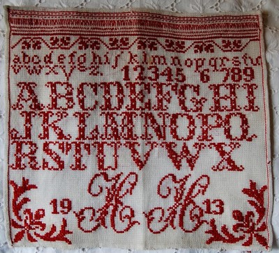 ALPHABET SAMPLER ~ REDWORK ANTIQUE TEXTILE ~ SIGNED HH and DATED 1913 