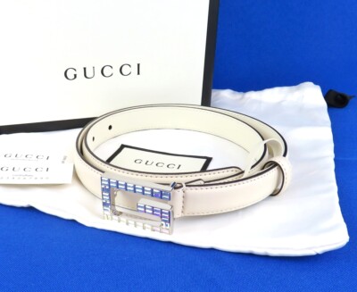 Authentic GUCCI Rhinestone G Buckle Ivory Leather Belt