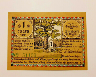 LUTZHOEFT ANGELN NOTGELD 1 MARK 1920 NOTGELDSCHEIN (11254)