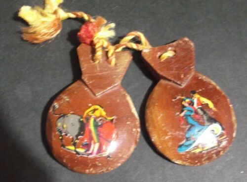 Vintage Souvenir Wooden Castanets from Spain bullfighter and bull flamenco dance
