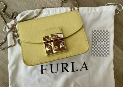 FURLA Metropolis Authentic Women Yellow Crossbody Leather Bag Purse Casual Chain
