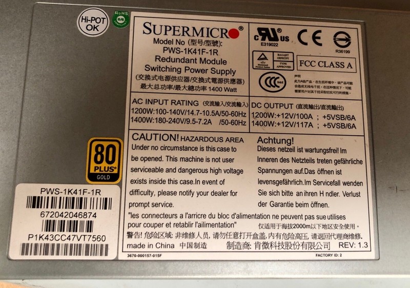 Supermicro Pws-1k41f-1r Power Supply 672042046874 Netzteil Psu 1400w