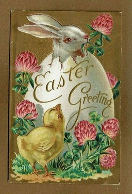 Easter Rabbits Series, Rabbit egg chick and clover blossoms, Easter Greetings