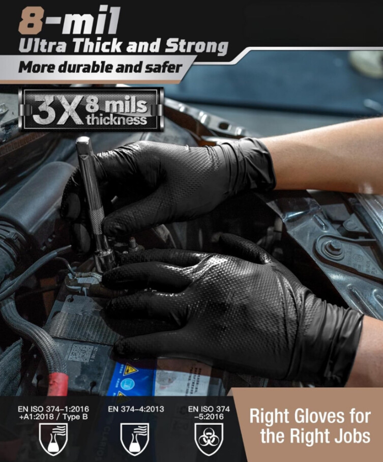 Heavy Duty 8 Mil Black Nitrile Disposable Gloves Raised Diamond Texture