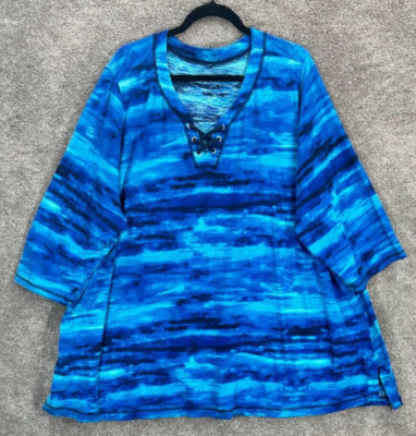 Catherines Top Womens 4X 30-32W Blue Beachy Waves Criss Cross Tie Dye Blouse