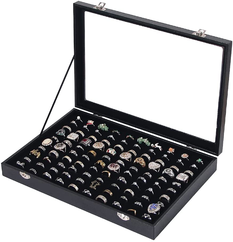 Ring Organizer Box Glass Lid Velvet Ring Display Case Tray Jewelry Holder Vendor