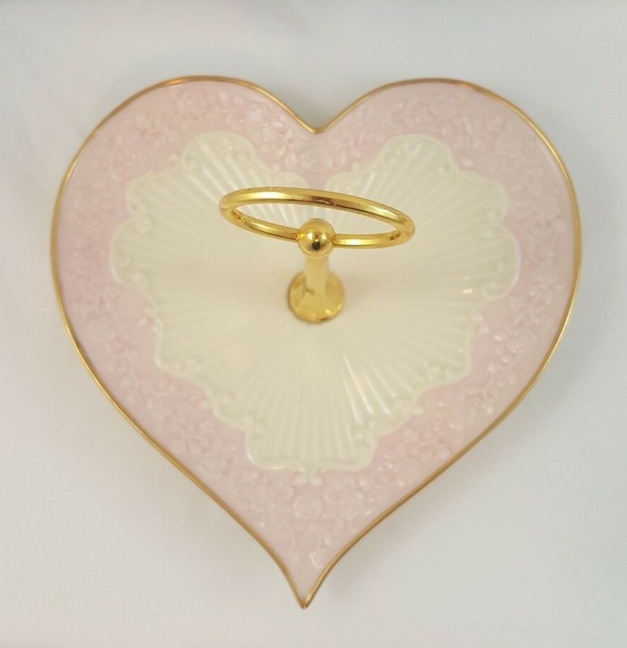LENOX Heart Shaped Tidbit Dish PINK & BISQUE w/ Gold Handle VALENTINES DAY