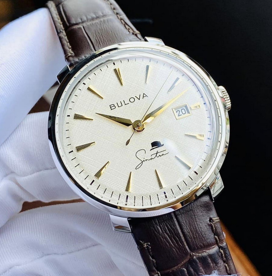 Pre-owned Bulova Frank Sinatra Automatic Sapphire White Dial Leather Band Watch 96b359