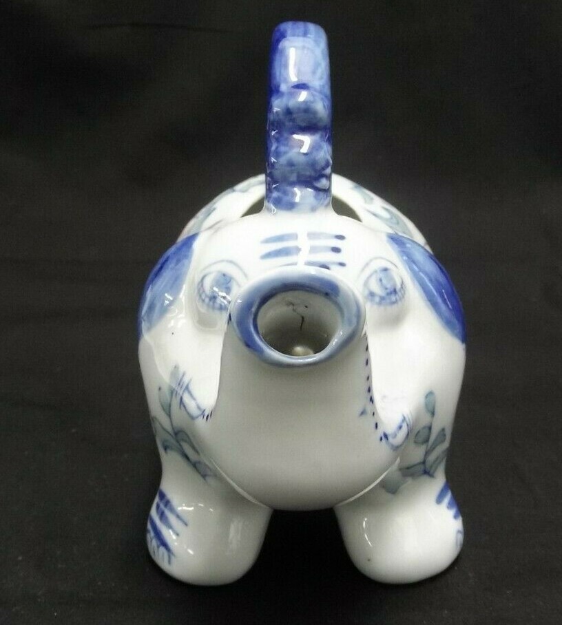 HAND PAINTED CERAMIC ELEPHANT TEAPOT COBALT BLUE WHITE PINK GREEN SHABBY CHIC