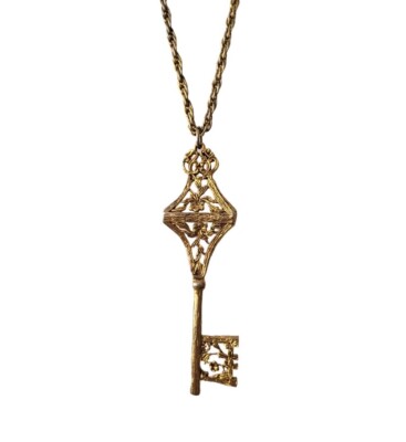 Vintage Skeleton Key Necklace 30'' Gold Tone Chain Intricate Detail 4'' Key  1960s