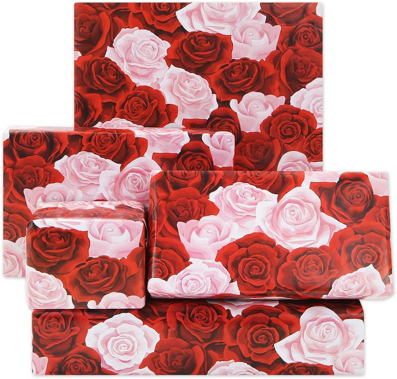 Rose Gift Wrapping Paper, Red and Pink Floral Gift Wrap 4 Folded Sheets Bridal S