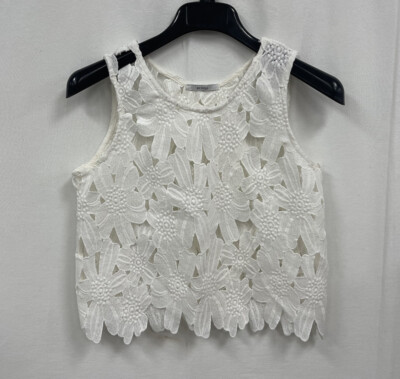 White Crop Top Floral Embroidered Tank by ACEMI,  Womens size Small