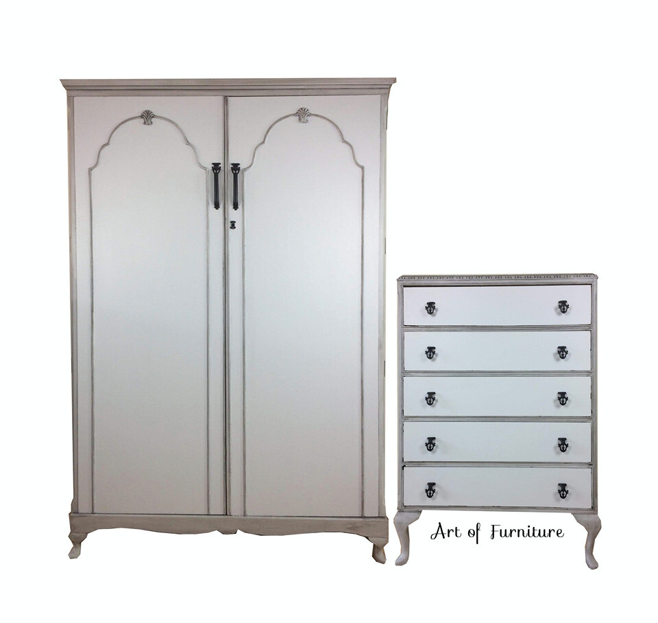 Grey Vintage French Country Style Carved Wardrobe Tallboy