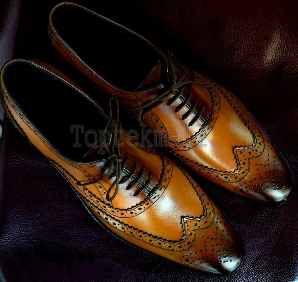 Pre-owned Handmade Men's Leather Tan Color Wing Tip Brogue Formal Oxfords Shoes-502