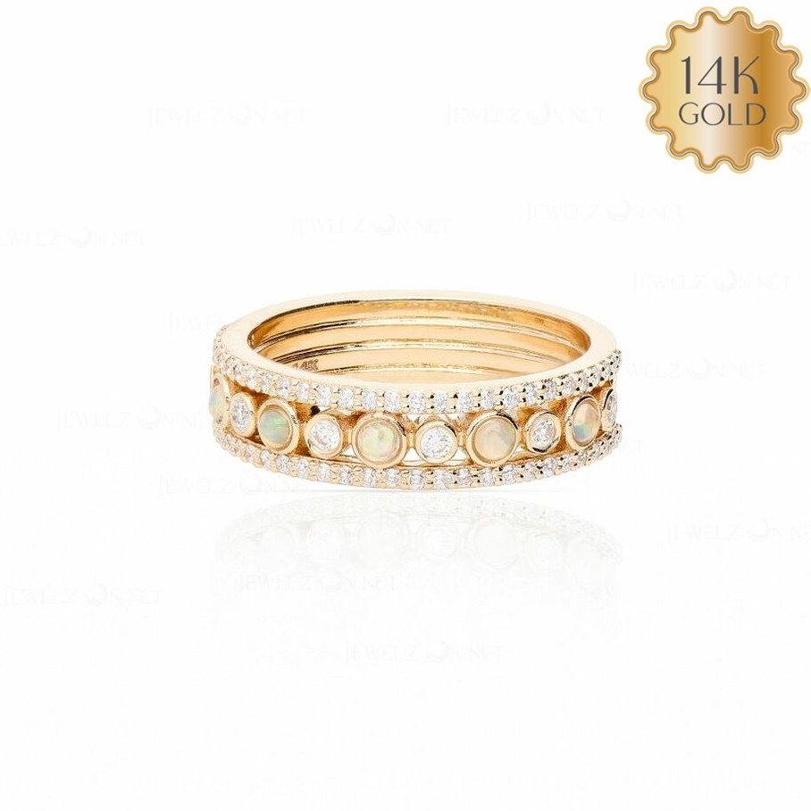 14K Gold Natural Diamond And Opal Gemstone Half Eternity Triple Band Fine Ring