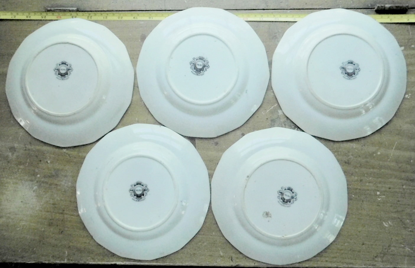 Antique 1890's SET OF 5 Mulberry black transfer DESSERT PLATES Peru Holdcroft