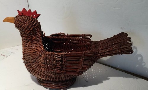 Brown Rooster Hen Chicken Miniature Rattan Wicker Woven Basket Folk Art VTG