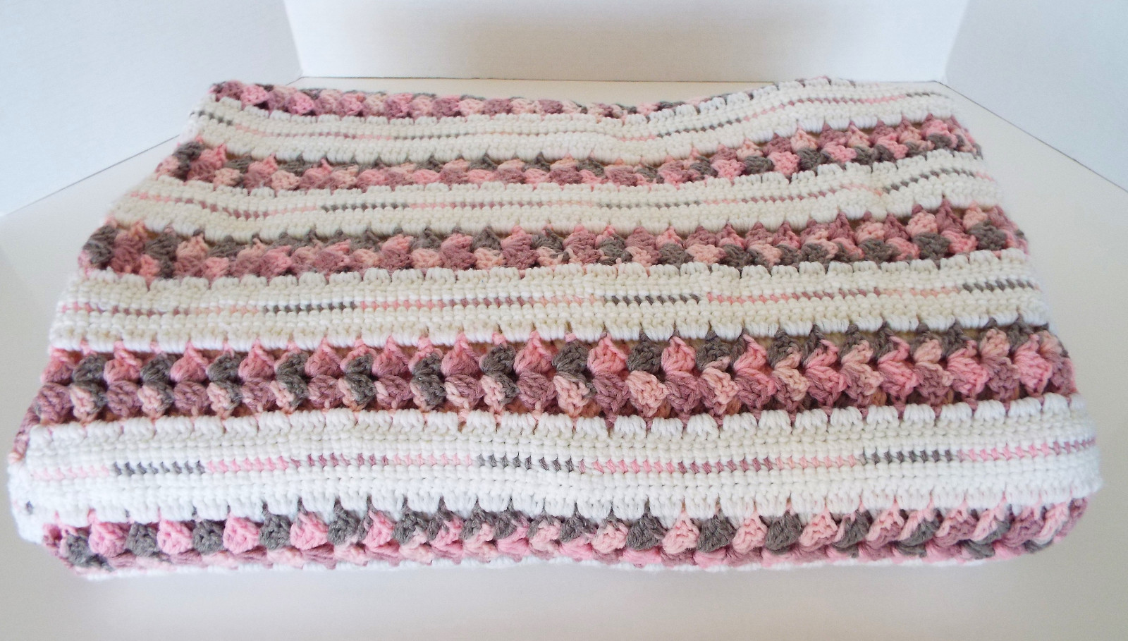 Vintage Crocheted Afghan Pink Grey Lavender Throw Scalloped Edge Blanket 80 x 52