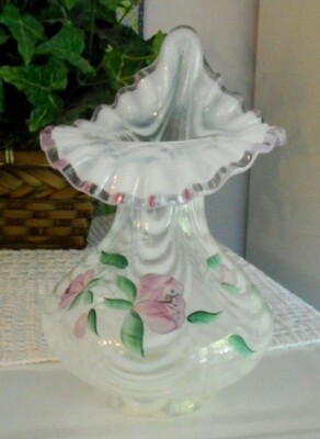 FENTON ART GLASS FRENCH OPAL. CHAMPAGNE CREST TULIP VASE #561 AND 2 FAMILY SIG. 