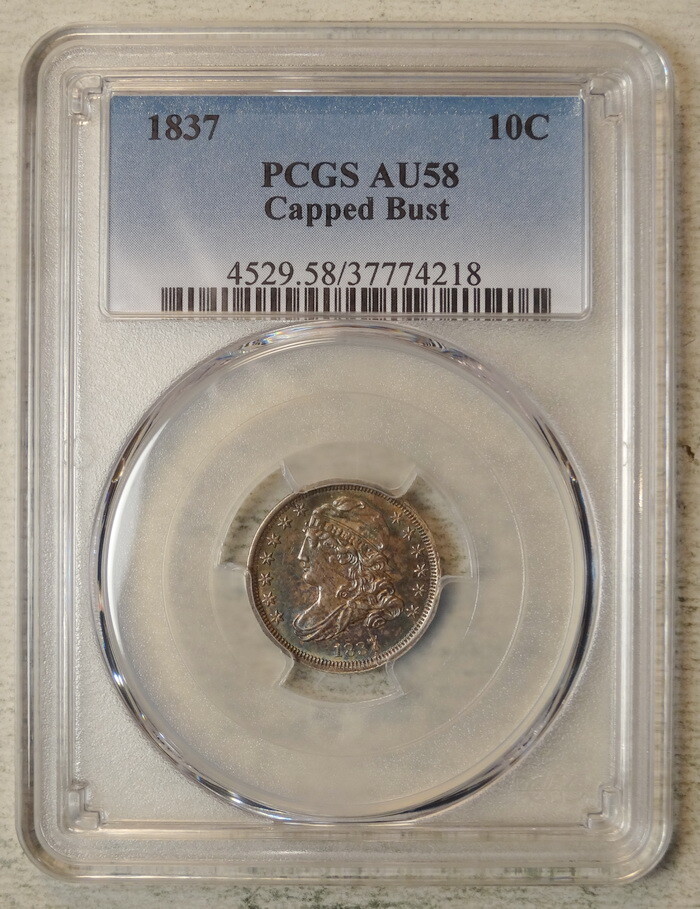 1837 Capped Bust Dime, JR-3, PCGS AU-58, Interesting Color, Die Crack