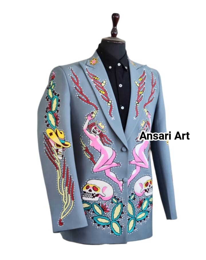 Pre-owned Art Men 2pc Country Western Nudie Suit Floral Skeleton Embroidered Cocktail Wedding. In Blue