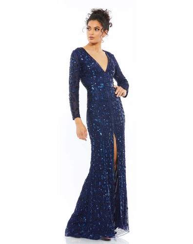 Pre-owned Mac Duggal 5002 Embellished Long Sleeve Evening Gown Sz 10 Midnight $598