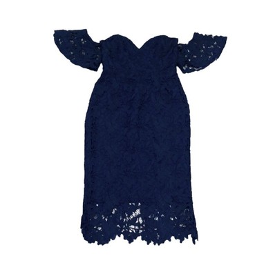 NWT Sau Lee Micaela OTS Midi Dress Size 4 Navy Blue Guipure Floral Lace