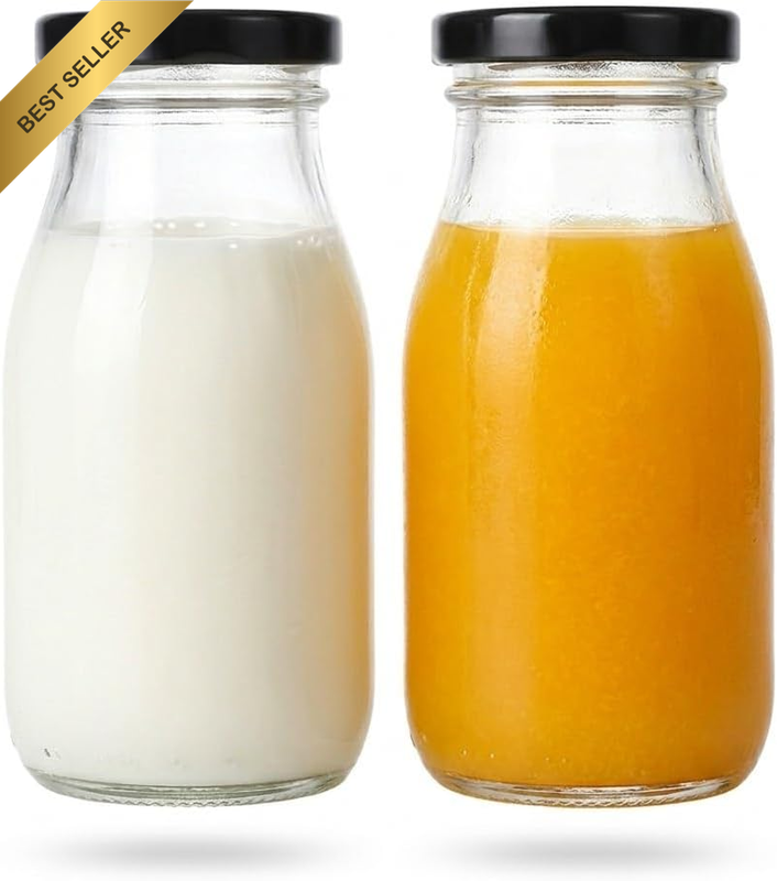 2Pcs 200Ml Glass Milk Bottles with Screw Cap 7Oz Reusable Clear Glass Containers