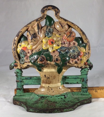 Spring Flower Basket Door Stay Daffodils Greenblatt Doorstop Marked Cast Iron