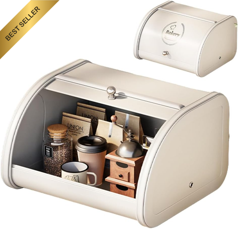 White Metal Bread Box for Kitchen Countertop – Roll-Up Lid Storage Bin for Loave