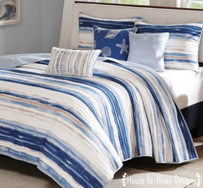 BLUE SEA WAVES 6pc QUILT SET : BEACH SHELLS OCEAN TROPICAL NAUTICAL WATER