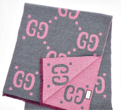 Gucci★素敵！Grey＆Pink Wool GG Guccissima Muffler GUCCI Muffler Scarf GG Jacquard Fringe Gray Pink Wool Silk