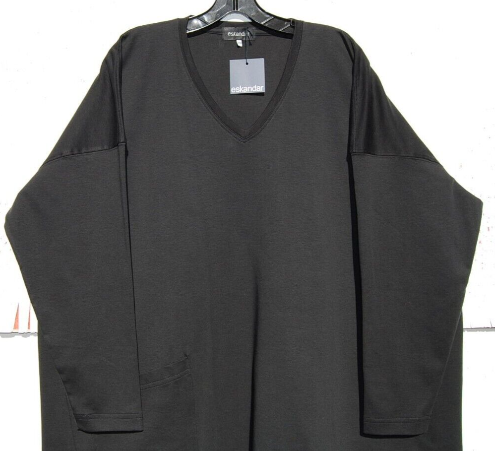 Pre-owned Eskandar Black V-neck Mid Weight Pima Cotton 32" Long Top W/pocket O/s