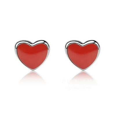 Super Adorable Tiny Red Love Heart Silver Stud Earrings