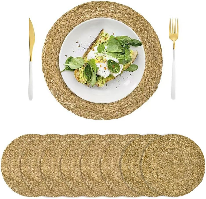 Placemats Set of 8, 11.8 Inch Rattan round Place Mats, Natural Water Hyacinth Ta