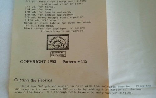 Quilters Heaven Quilting Pattern Rocking Bear Uncut Fits 18