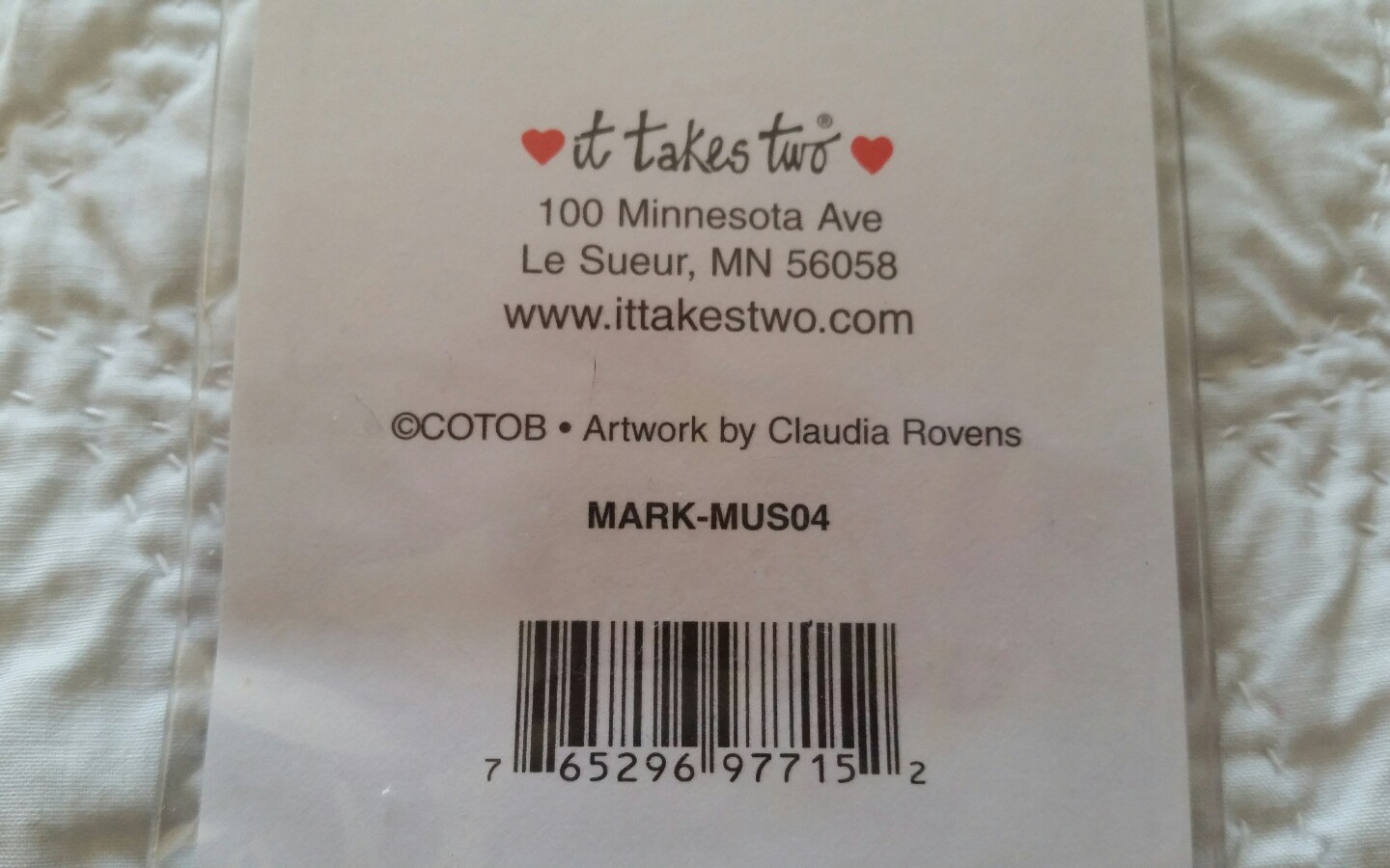 Musical Note Bookmark-it takes two-Claudia Rovens.Plastic covering! W@W!