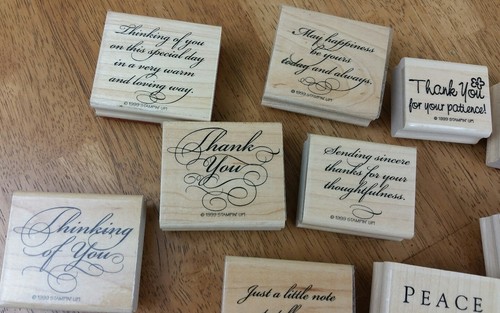 Stampin Up! 40 Pc Wood Mounted Stamp Lot New/Used Script Business Thanks Animals