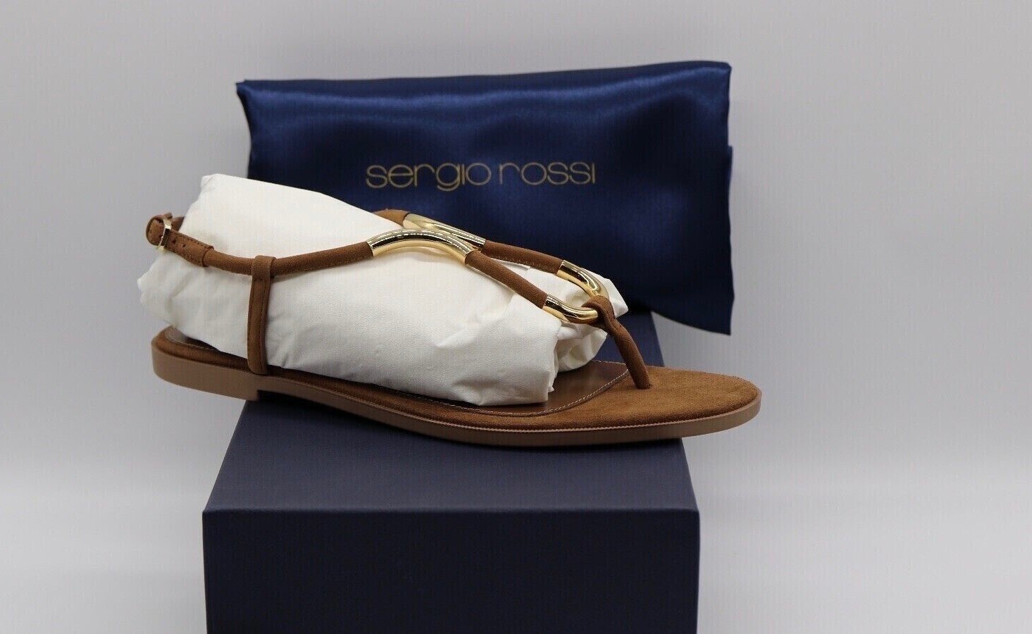 Pre-owned Sergio Rossi Women's Gold Hardware Twist Brown Flat Thong Sandals Eu 39 $595