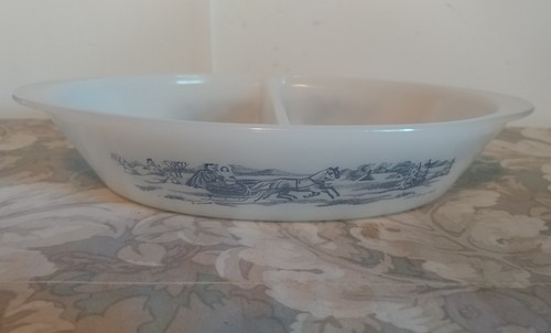 Vtg Glasbake Vegetable Divided Dish/ Currier & Ives / # J-2352
