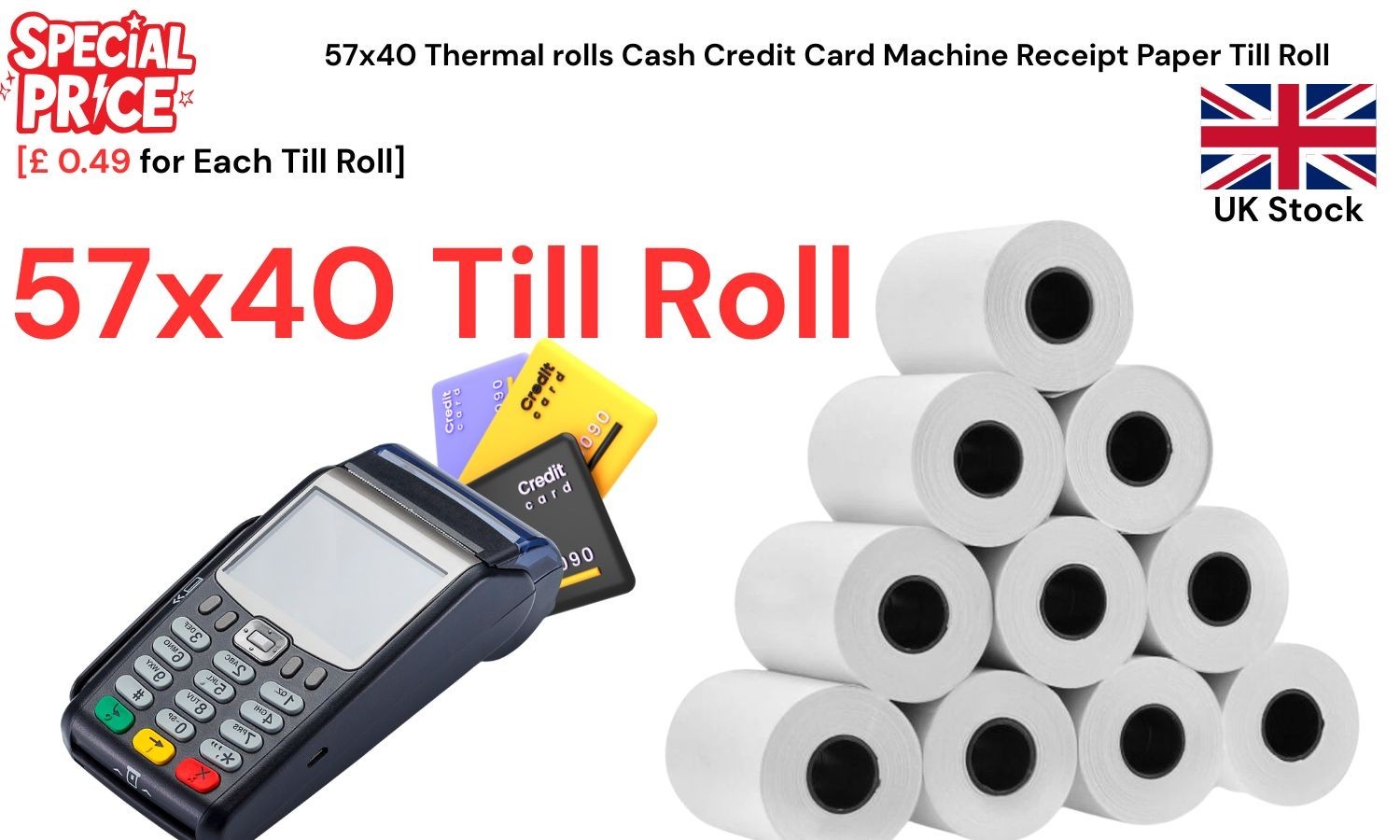 57x40 mm MACHINE CREDIT CARD,PDQ THERMAL PAPER TILL ROLLS CASH REGISTER RECEIPT