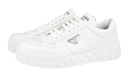 PRADA SNEAKERS SHOES LOGO PLAQUE 2EE378 WHITE LEATHER NEW US